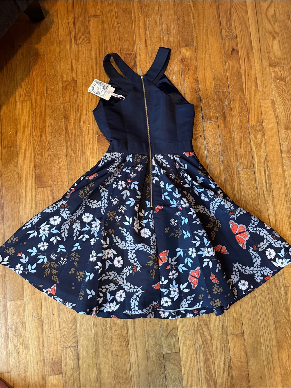 Ted Baker Navy Floral Fit-and-Flare Dress with Butterfly Print and pockets! - Picture 4 of 7